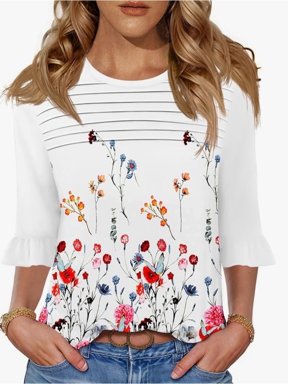 White Floral Print Top
